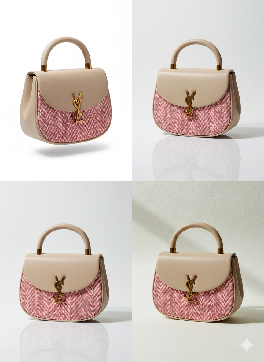 Luxury Designer Handbag for Women – Elegant Pink & Beige Leather Tote with Gold Detailing | Stylish Top Handle Purse for Parties & Everyday Use