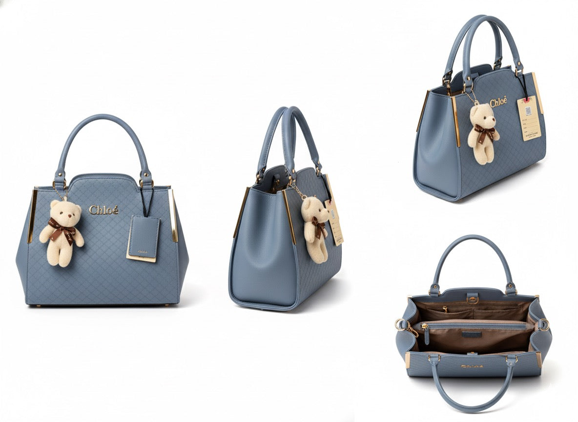 Chic Quilted Structured Handbag in Dusty Blue with Teddy Charm