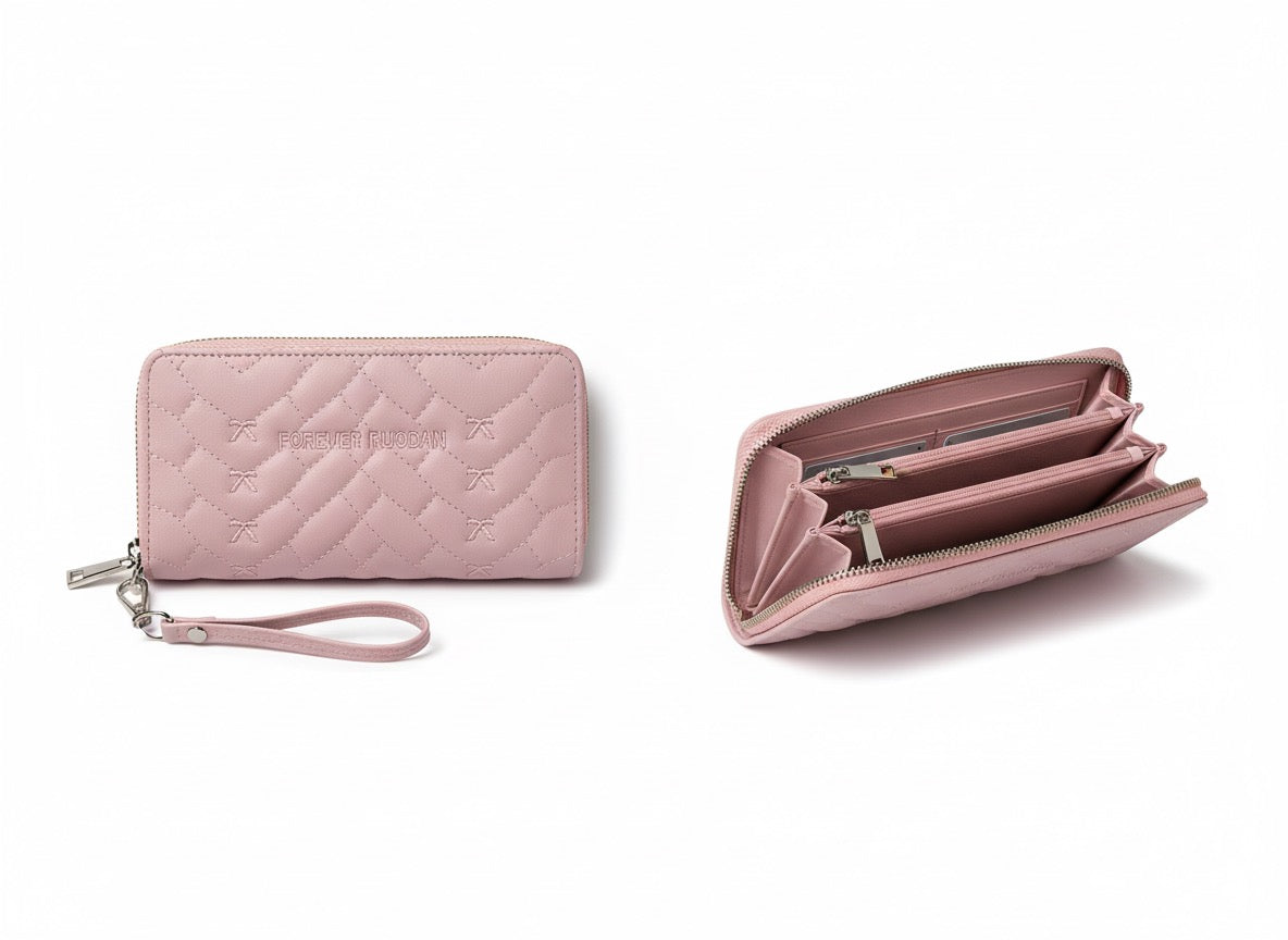 Chic Dusty Rose Quilted Zip-Around Wallet with Wristlet