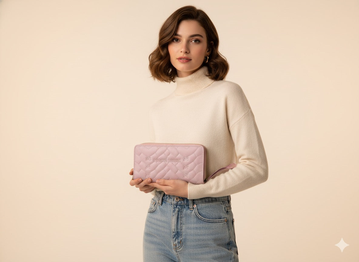 Chic Dusty Rose Quilted Zip-Around Wallet with Wristlet