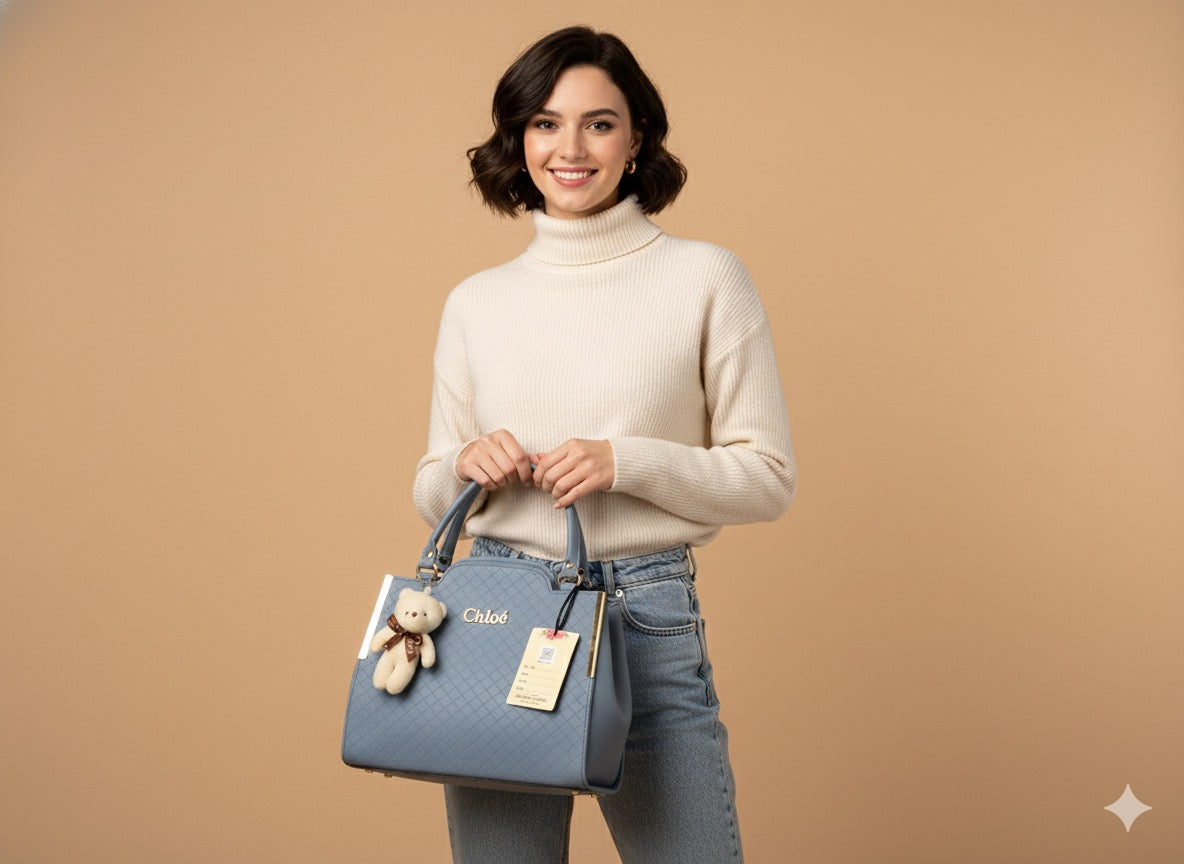 Chic Quilted Structured Handbag in Dusty Blue with Teddy Charm
